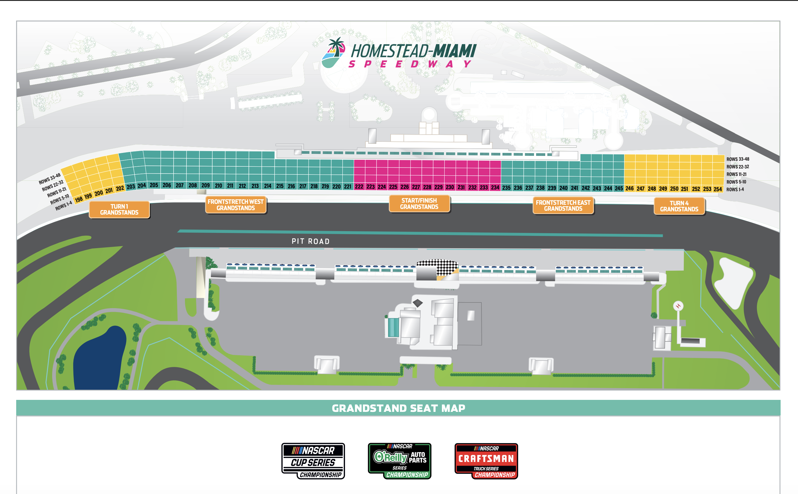 GRANDSTAND SECTIONS:  Turn 1 Grandstands Frontstretch West Grandstands Start/Finish Grandstands Frontstretch East Grandstands Turn 4 Grandstands